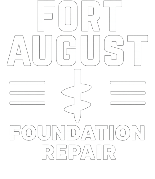 Fort August Foundation Repair logo in bold white text with a central helical pier graphic on a transparent background